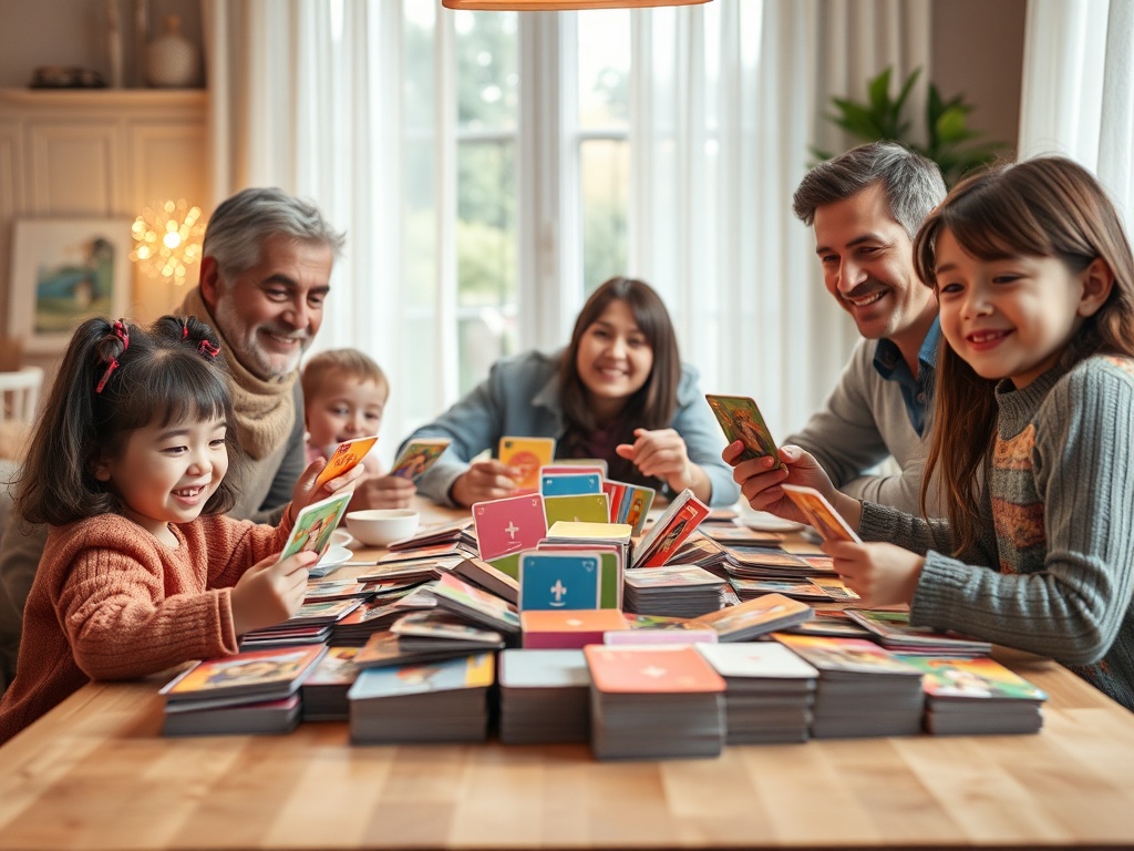"A cozy family table scene with warm lighting, a set of 60 colorful cards fanned out, children and parents smiling, soft textures, gentle motion."