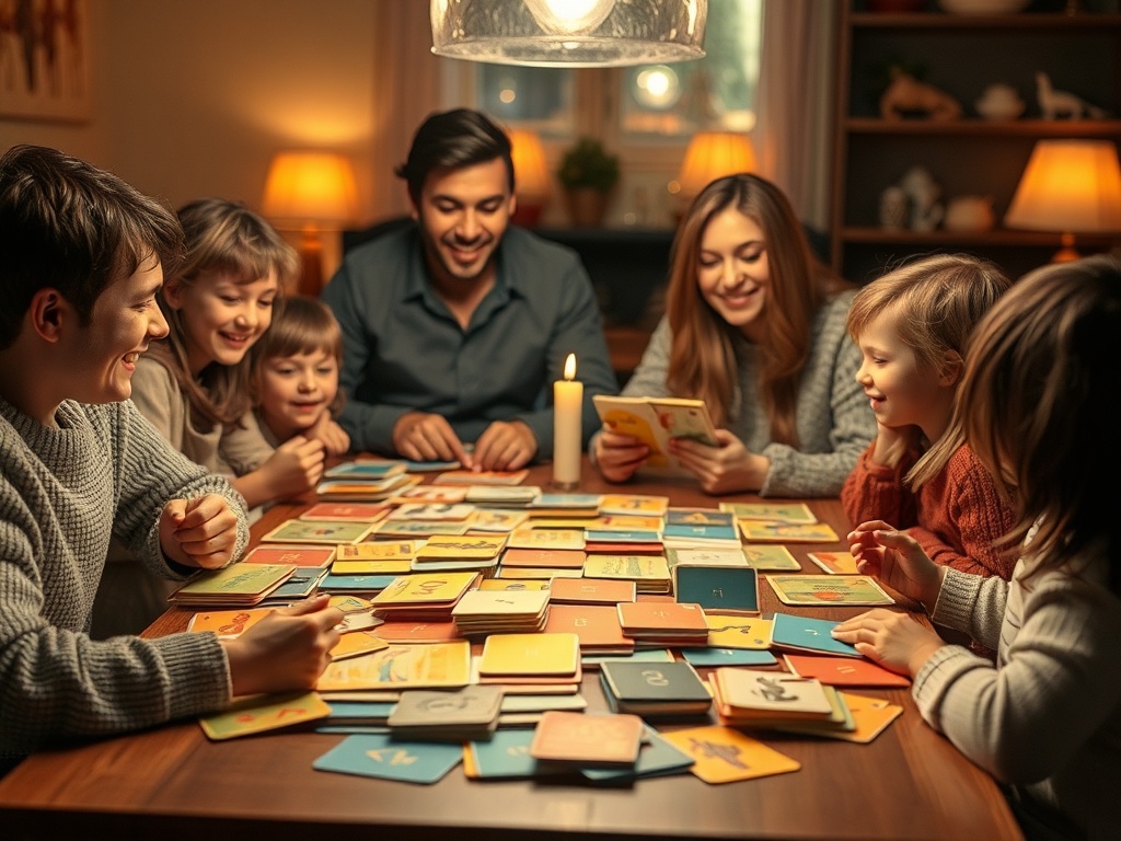 "A cozy family table scene with warm lighting, a set of 60 colorful cards fanned out, children and parents smiling, soft textures, gentle motion."