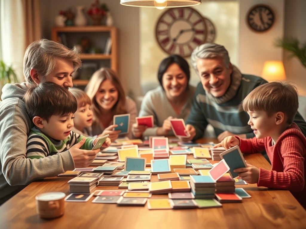 "A cozy family table scene with warm lighting, a set of 60 colorful cards fanned out, children and parents smiling, soft textures, gentle motion."