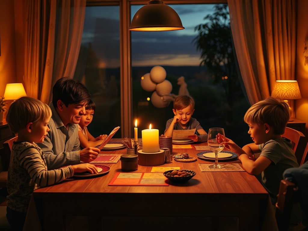 "A cozy family dining table at dusk, parents and two kids animatedly sharing imaginative questions from colorful cards, warm lighting, soft shadows, playful props."