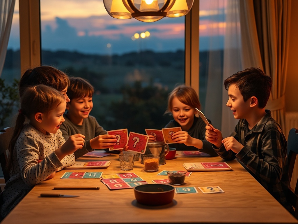 "A cozy family dining table at dusk, parents and two kids animatedly sharing imaginative questions from colorful cards, warm lighting, soft shadows, playful props."
