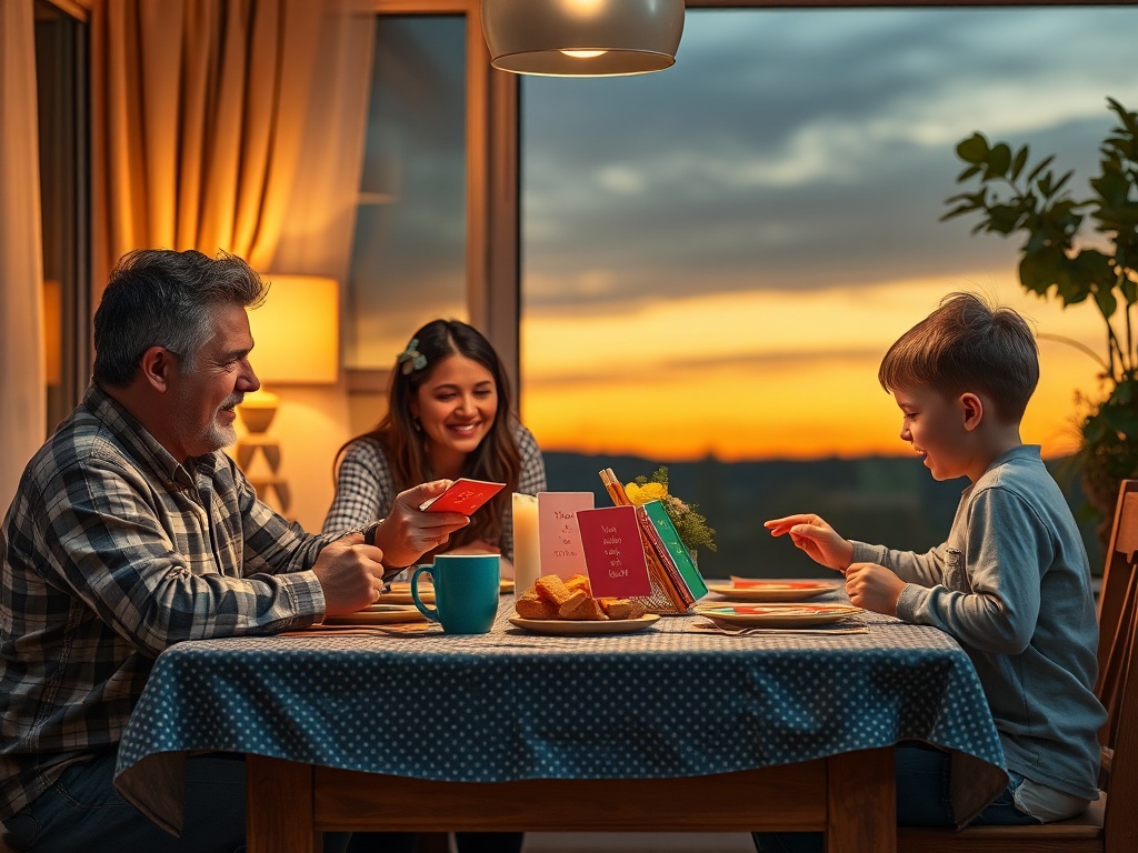 "A cozy family dining table at dusk, parents and two kids animatedly sharing imaginative questions from colorful cards, warm lighting, soft shadows, playful props."