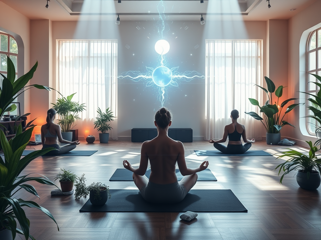 Rustige yogastudio met mediterende beoefenaars en planten.