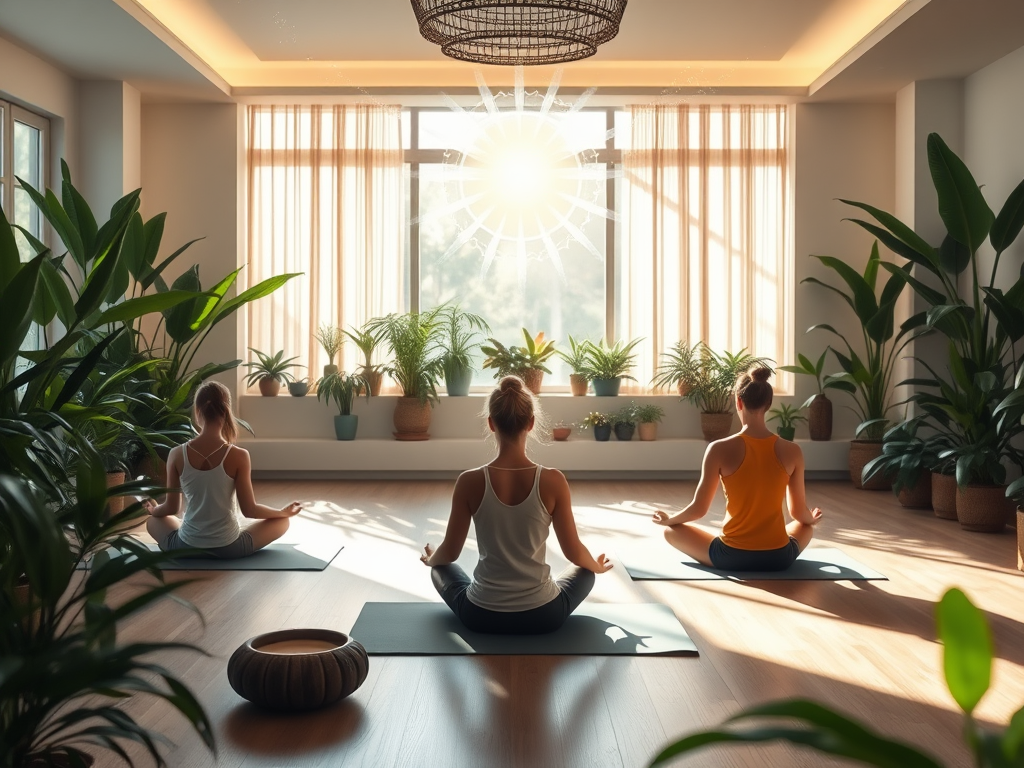 Een serene yogastudio met mediterende beoefenaars en planten.