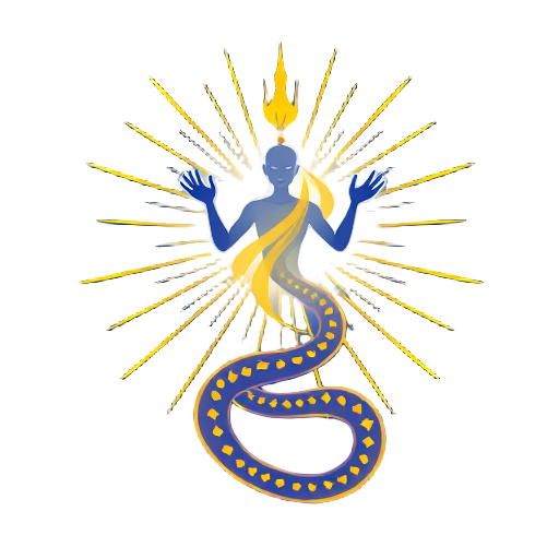 Energetische figuur met een serpent en lichtstralen.