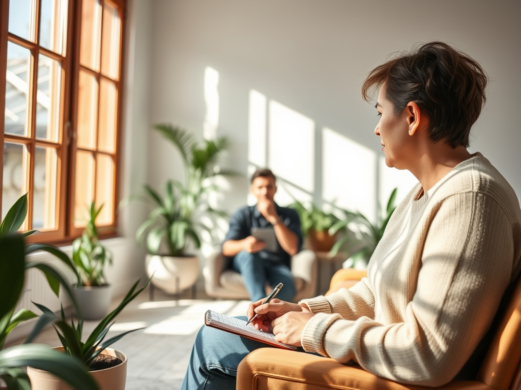 Een rustige coachingsessie in een zonovergoten kamer.