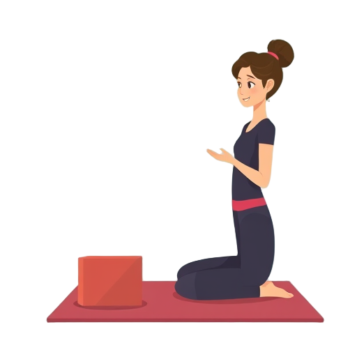 Vrouw in yogahouding met blok op mat.