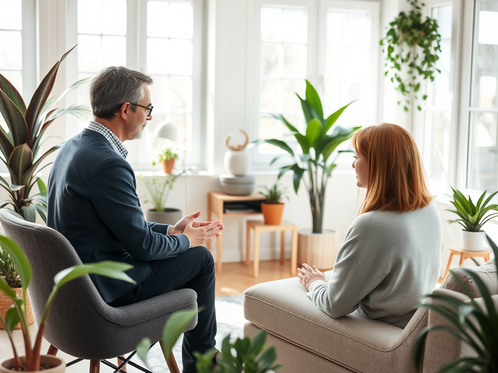 Een rustige coachingssessie in een lichte kamer.