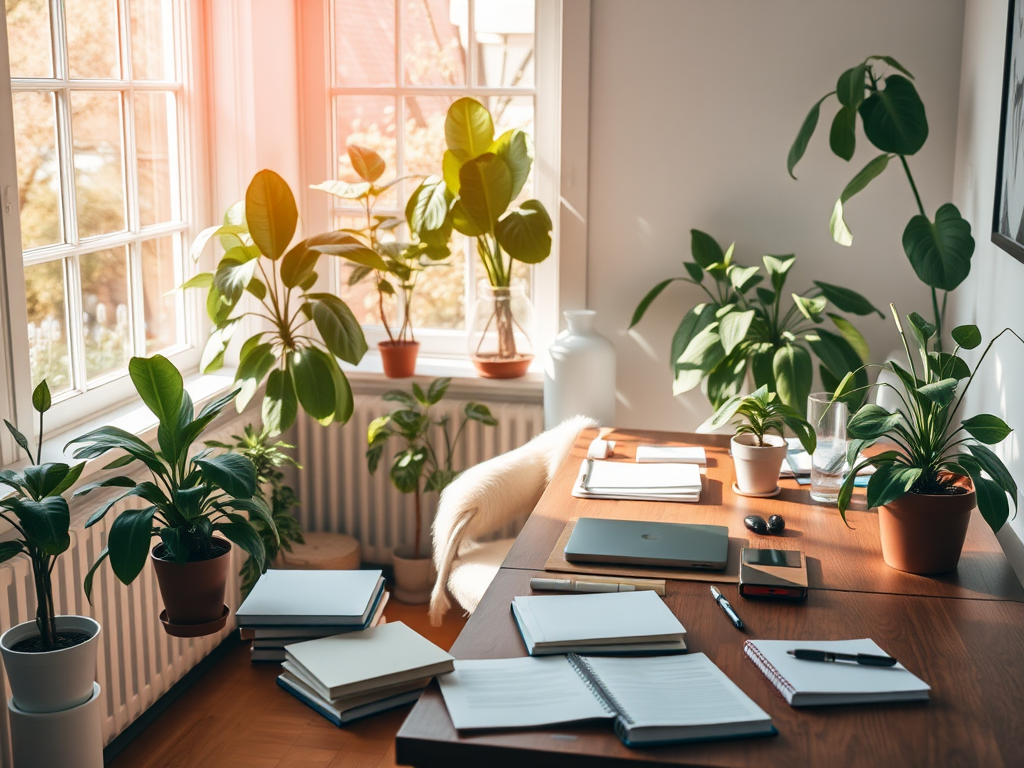Een serene werkruimte met planten en een houten bureau.