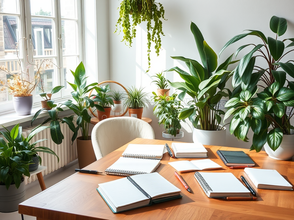 Een rustige werkplek met planten en notitieboeken.