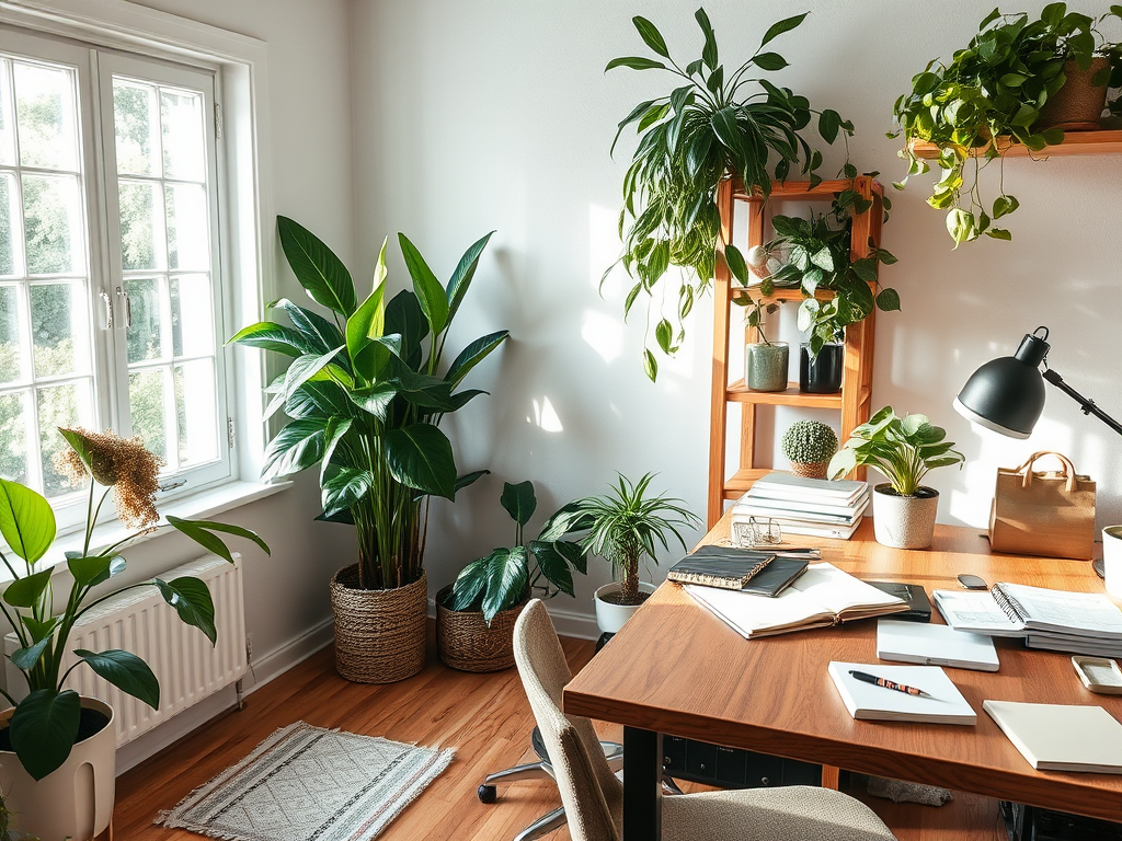 Een rustige werkplek met planten en een houten bureau.