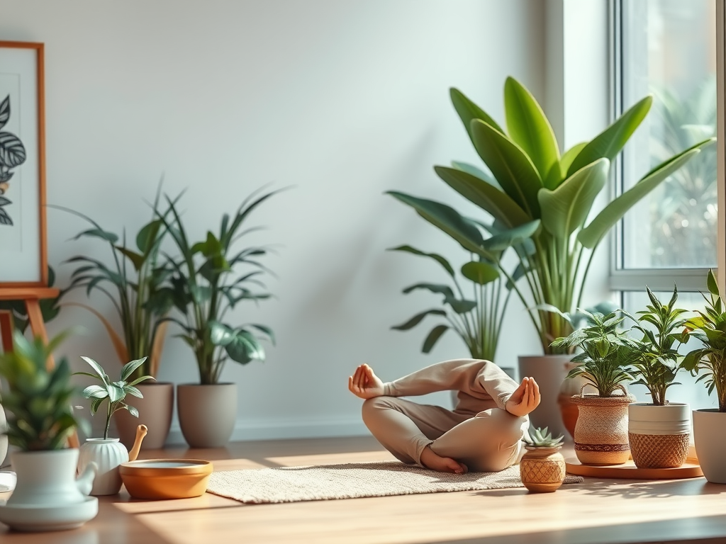 Een rustige werkruimte met een mediterende ondernemer omringd door planten.