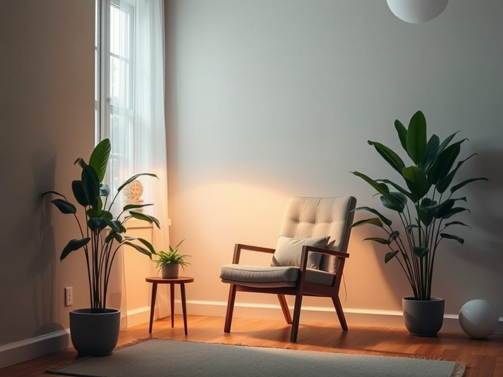 Een rustige kamer met een comfortabele stoel en planten.