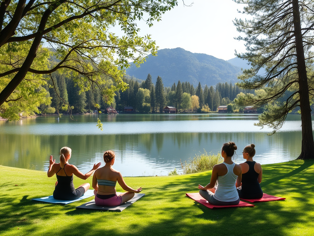 Vrouwen die yoga beoefenen aan een serene meer.