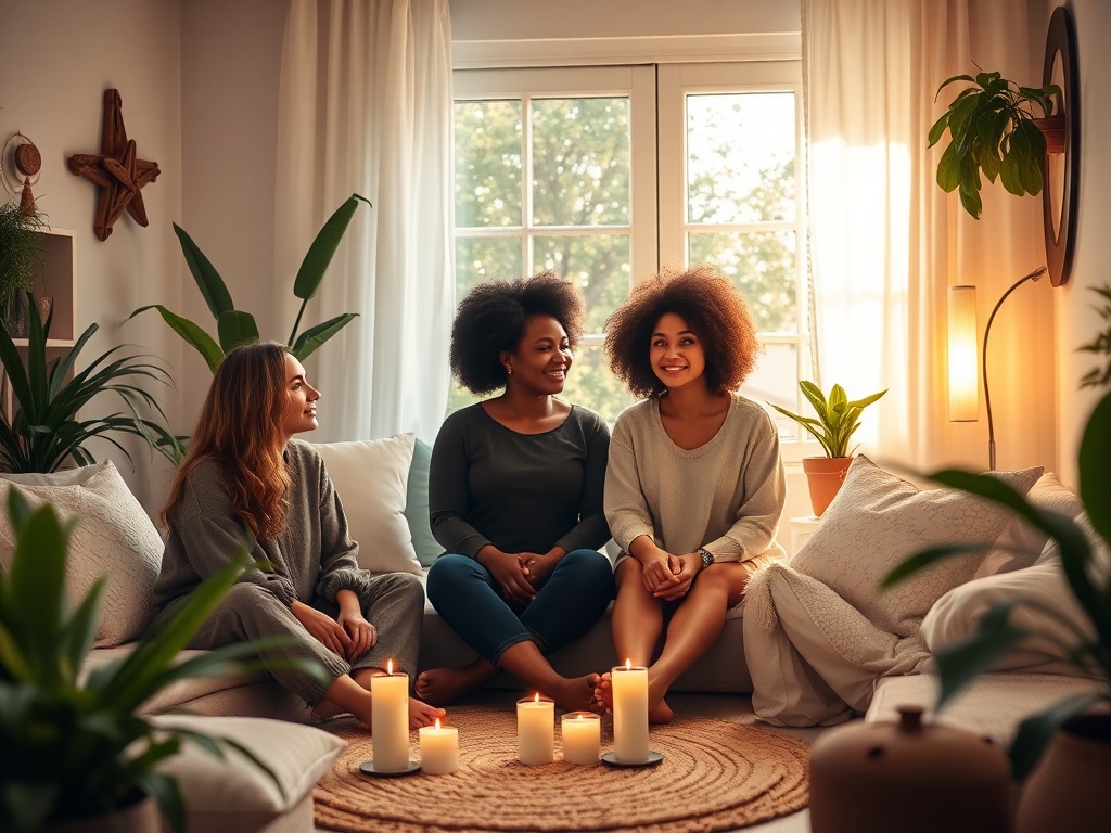 "A warm, inviting homegrown circle of three diverse women seated in a cozy, sunlit living room, gentle breath, soft candles, cushions, lush plants, serene mood, intimate connection."