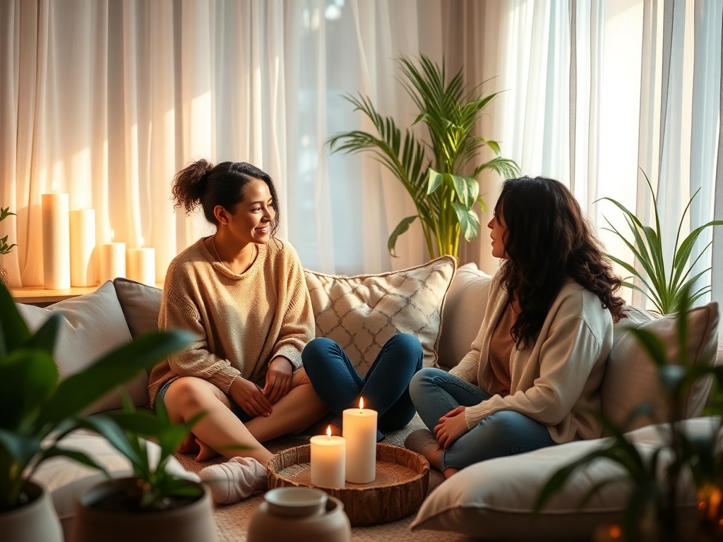 "A warm, inviting homegrown circle of three diverse women seated in a cozy, sunlit living room, gentle breath, soft candles, cushions, lush plants, serene mood, intimate connection."
