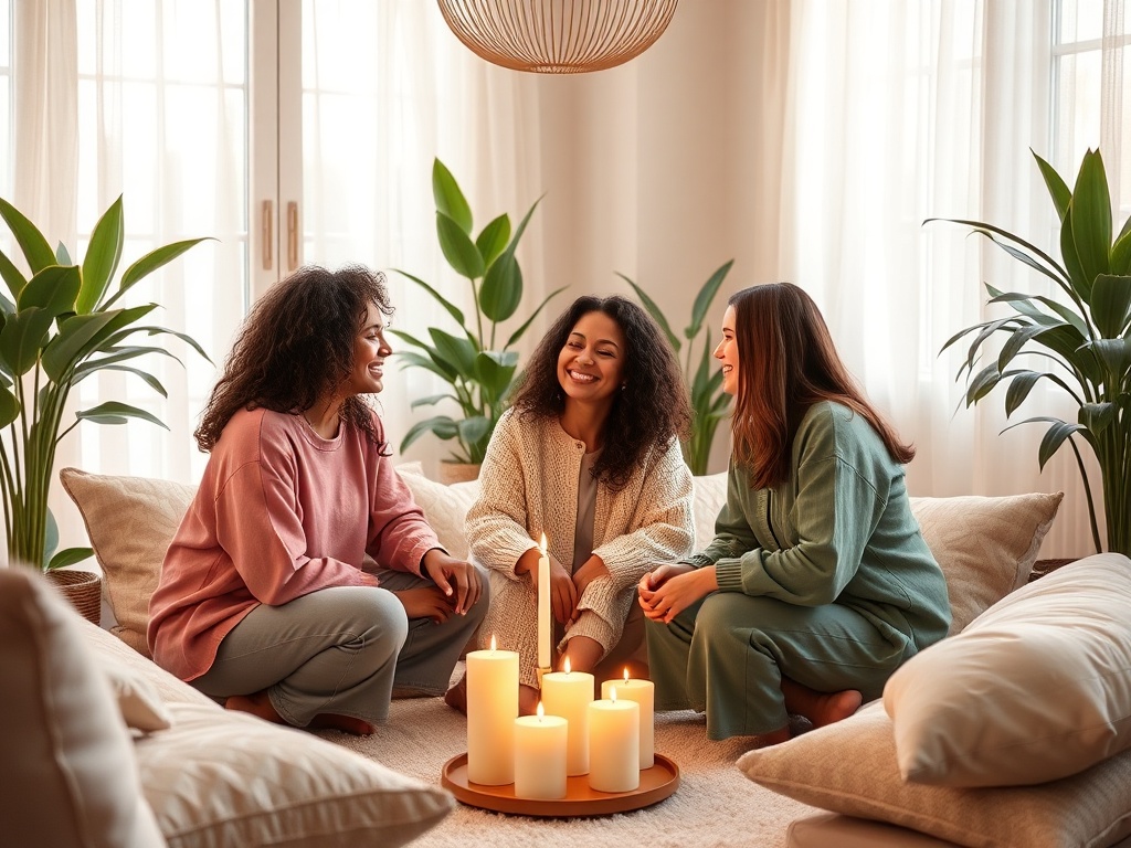 "A warm, inviting homegrown circle of three diverse women seated in a cozy, sunlit living room, gentle breath, soft candles, cushions, lush plants, serene mood, intimate connection."