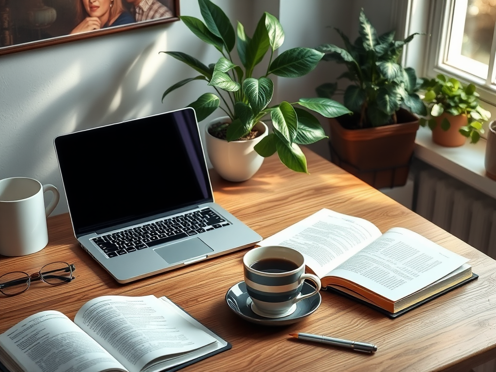Een rustige werkplek met een laptop, boeken en koffie.