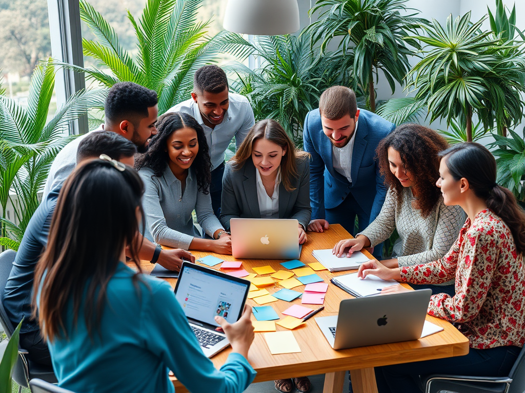 Een diverse groep professionals werkt samen aan een tafel.