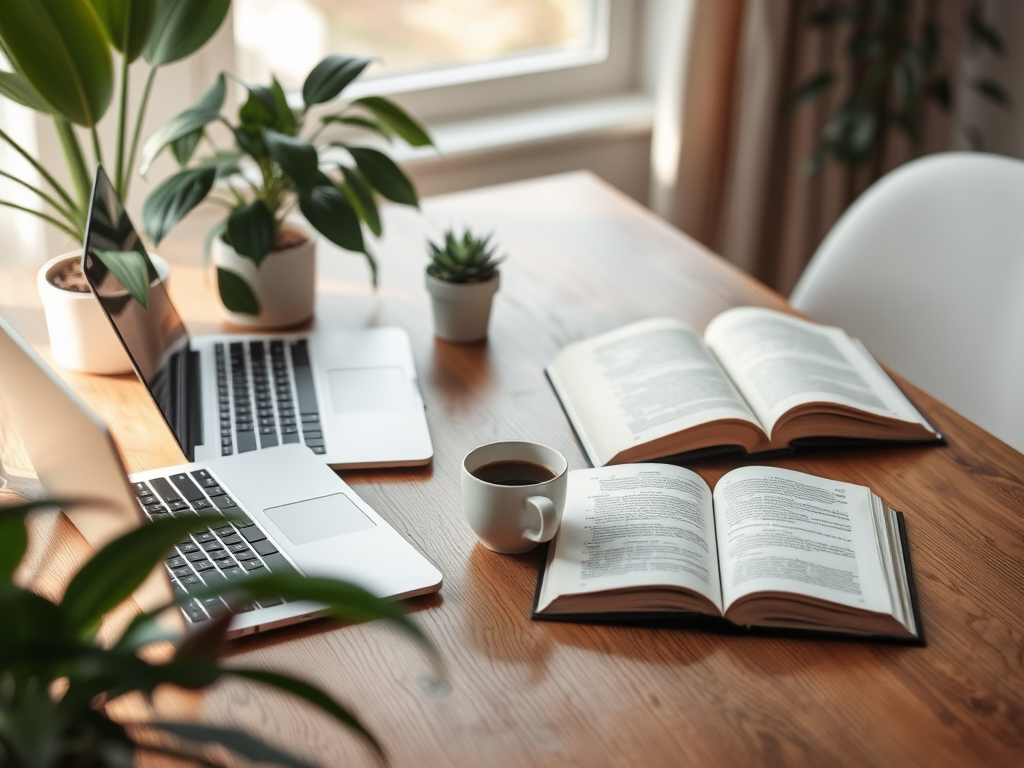 Een serene werkplek met een laptop, boeken en koffie.