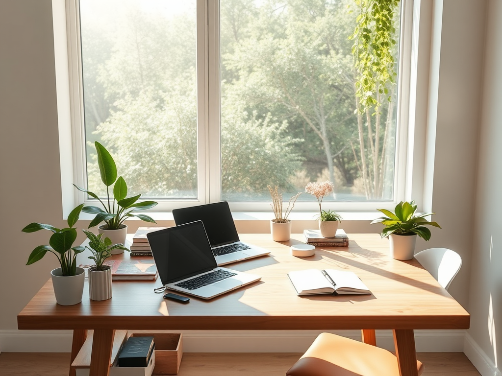 Een rustig werkgebied met een modern bureau en planten.