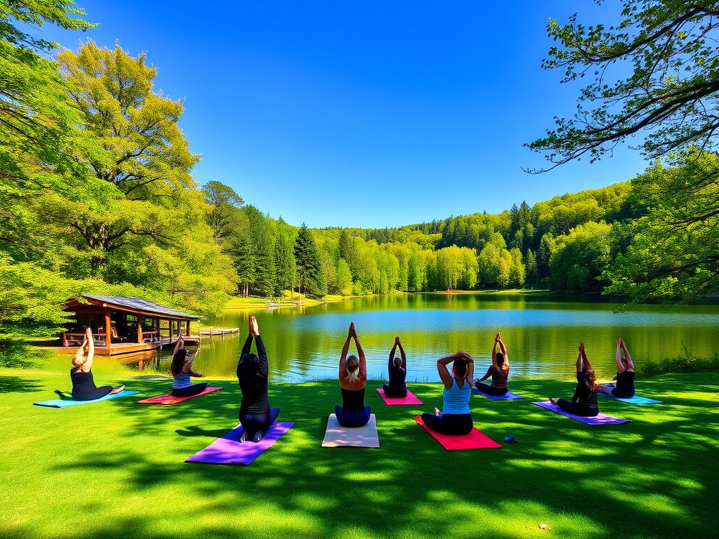 Een yoga retraite aan een rustig meer omringd door bomen.