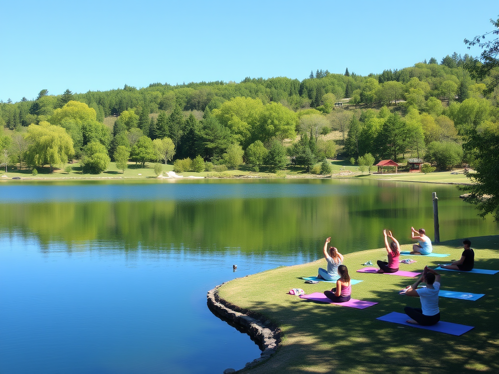 Rustige yoga retraite aan een meer met deelnemers.