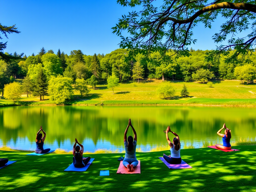 Een serene yoga retraite aan een kalm meer.