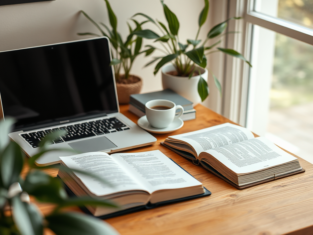 Een rustige werkplek met laptop, boeken en koffie.