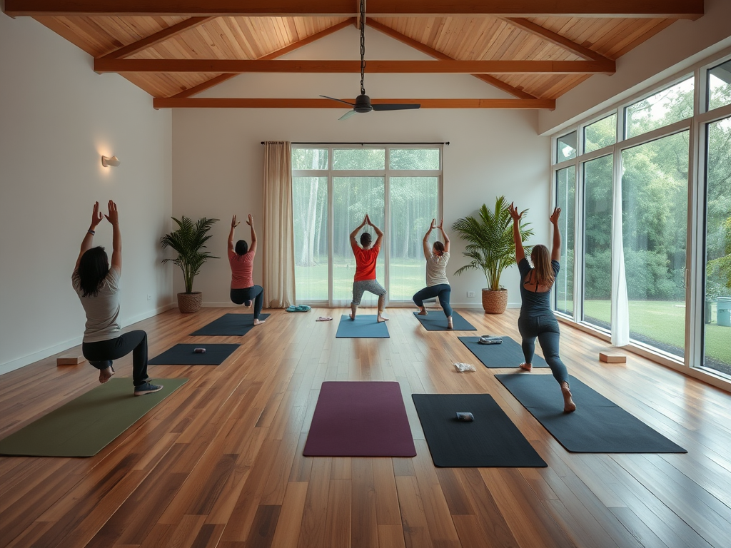 Een serene yogastudio met mensen die yoga beoefenen.