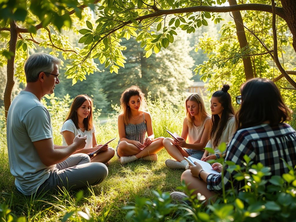 Een ontspannen coachingssessie in de natuur met een groep.