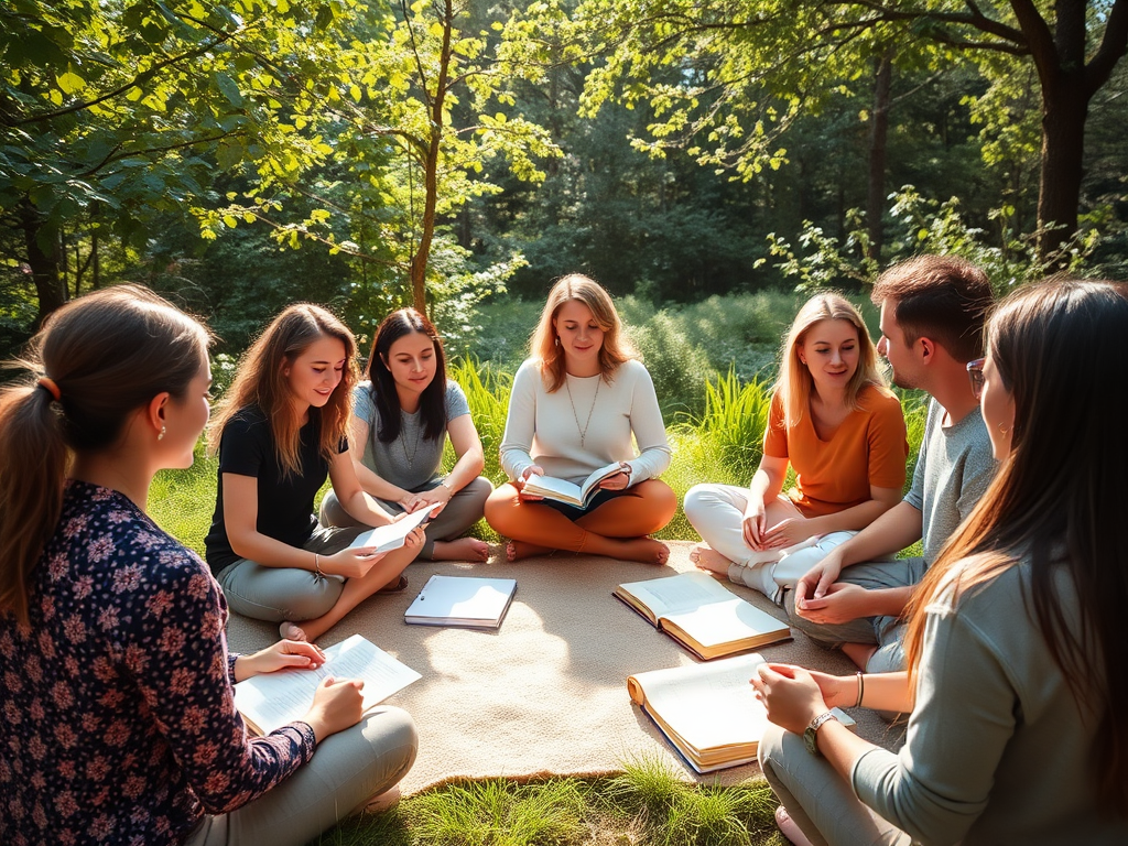 Een groep mensen in de natuur, bezig met mindfulness en journaling.