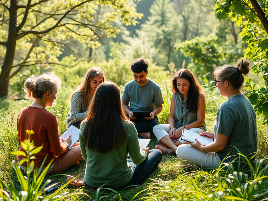 Een groep mensen zit in het gras en schrijft.