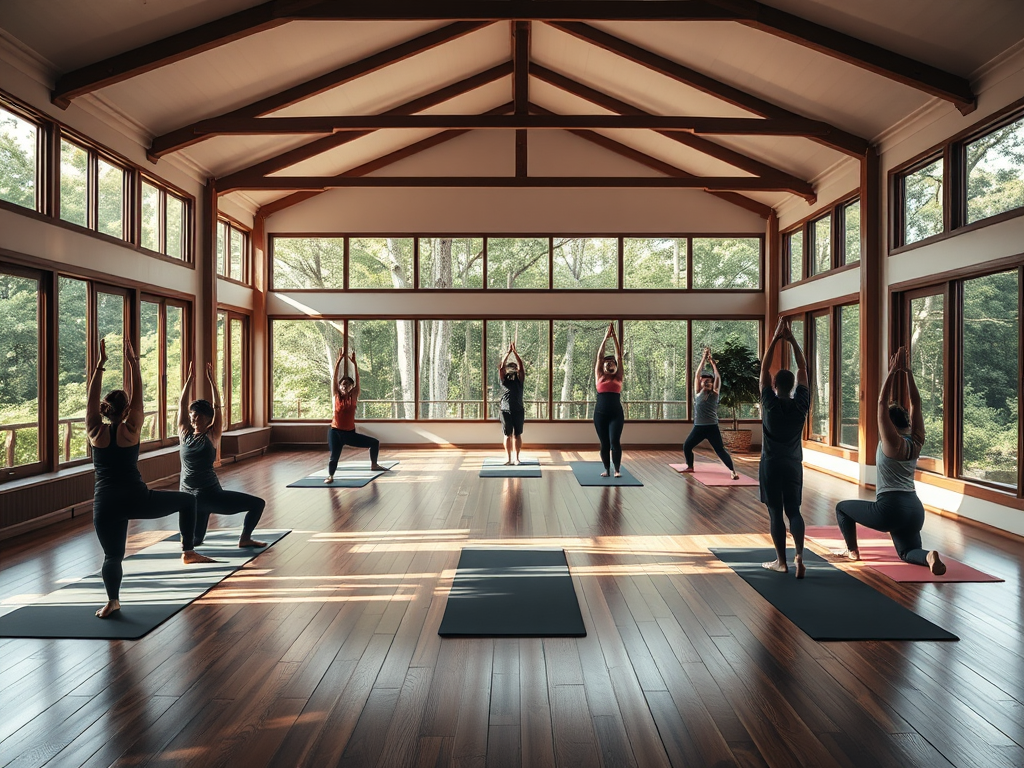 Een rustige yogastudio met deelnemers in verschillende poses.