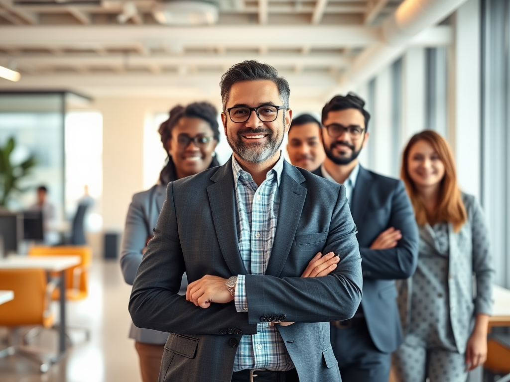 "a confident leader standing boldly" "bright light illuminating their face" "diverse team listening attentively" "open, modern office setting" "expressions of trust and courage"
