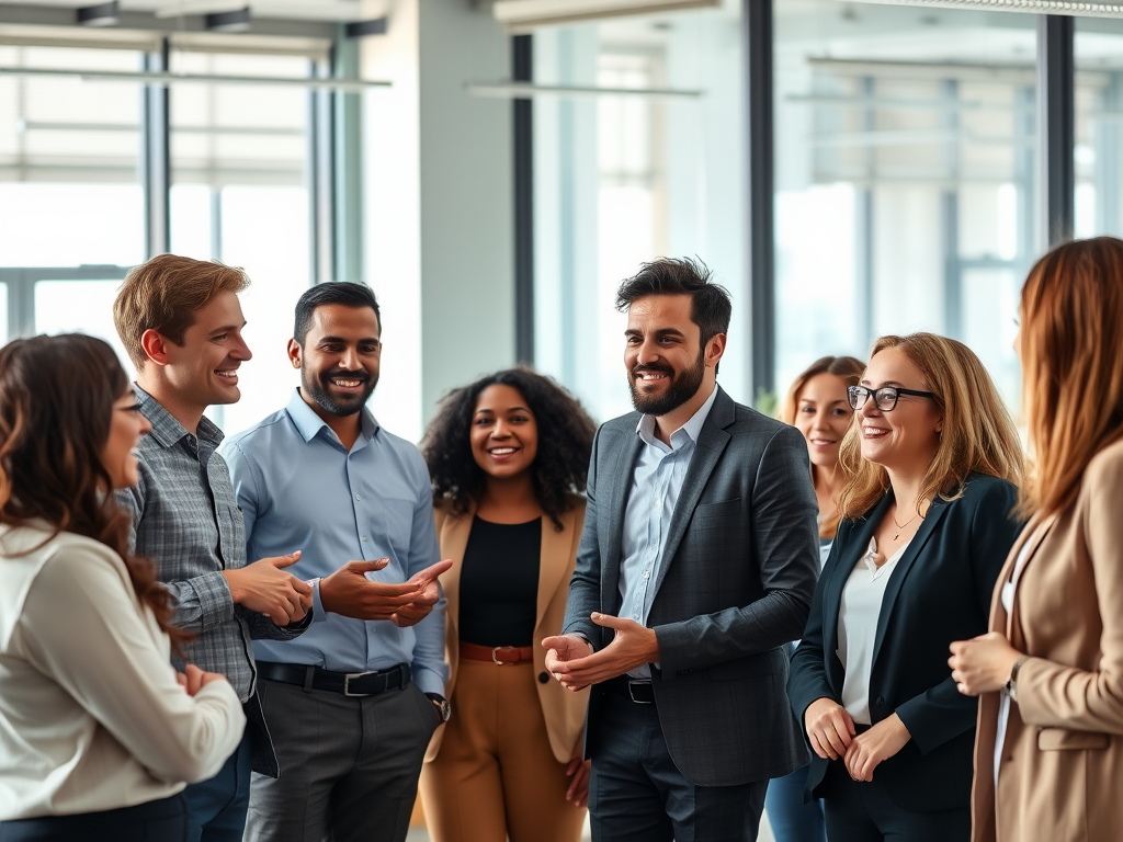 A diverse professional team in a modern office, "engaged in lively discussion," "bright natural light," "collaborative atmosphere," "expressive confident faces," "open body language," "dynamic teamwork."