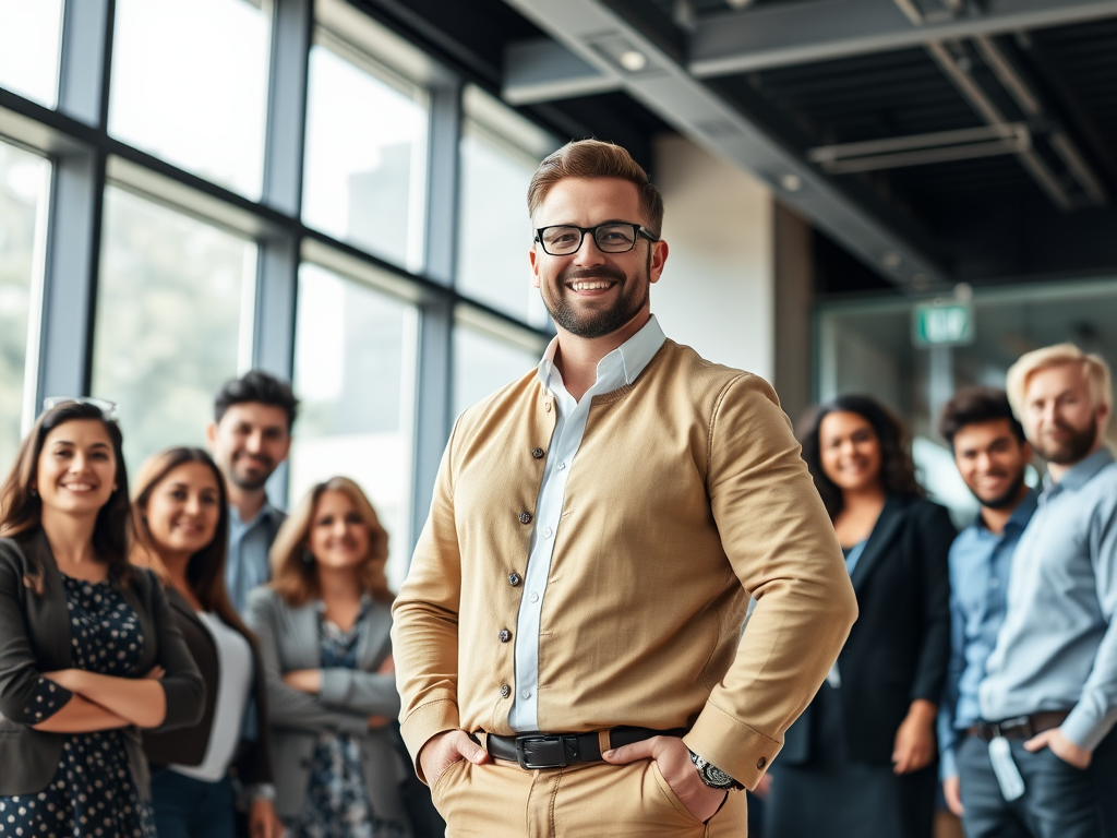 A confident leader standing boldly "in front of a diverse team" "natural light filtering through large windows" "expressive faces showing trust and motivation" "calm, empowering atmosphere" "modern office setting".