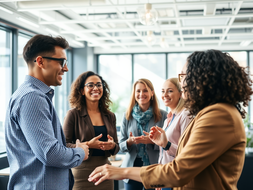 A diverse professional team in a modern office, "engaged in lively discussion," "bright natural light," "collaborative atmosphere," "expressive confident faces," "open body language," "dynamic teamwork."