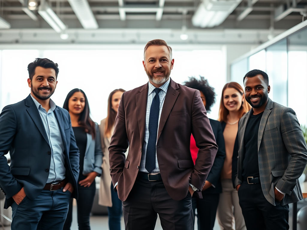 "a confident leader standing boldly" "bright light illuminating their face" "diverse team listening attentively" "open, modern office setting" "expressions of trust and courage"