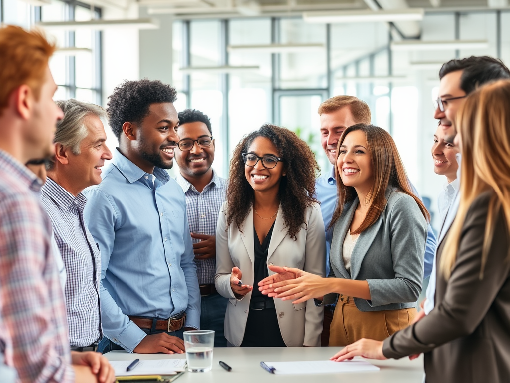 A diverse professional team in a modern office, "engaged in lively discussion," "bright natural light," "collaborative atmosphere," "expressive confident faces," "open body language," "dynamic teamwork."