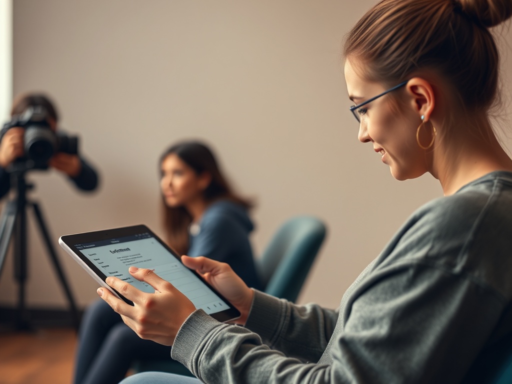 "A welcoming, modern photography class onboarding scene; a curious beginner fills out a sleek form on a tablet, soft studio lighting, warm tones, no branding."