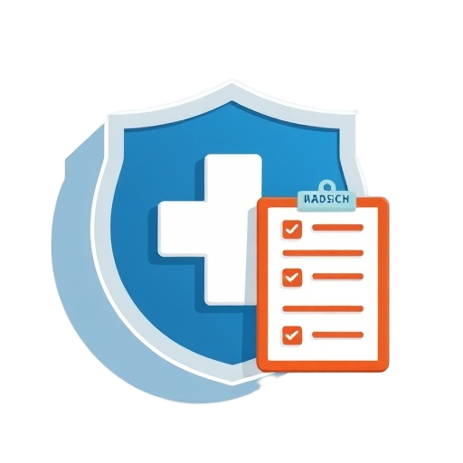 "Medical cross" "Shield symbol" "Checklist clipboard" "Person silhouette"