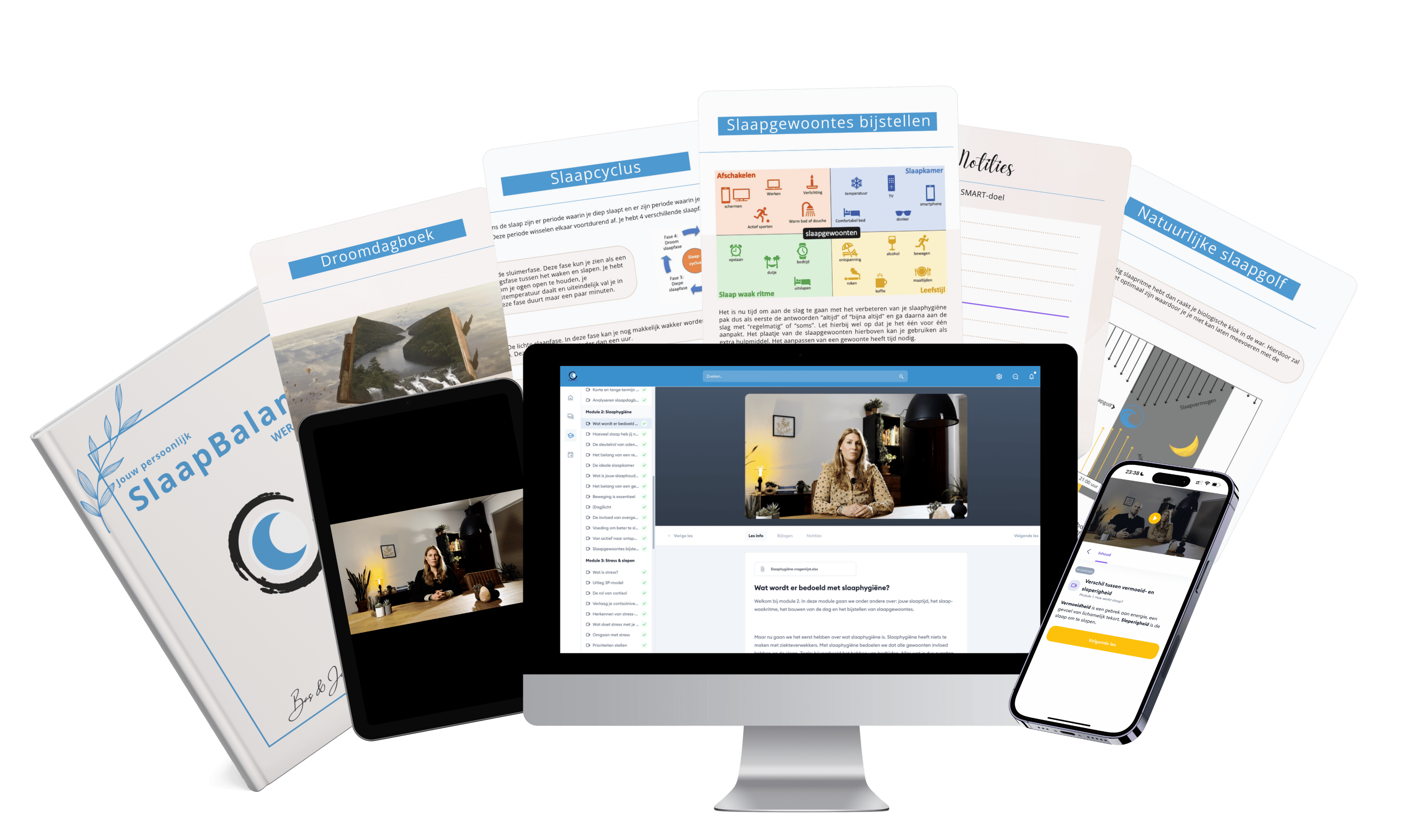 Mockup online slaapcursus via computer, telefoon en tablet
