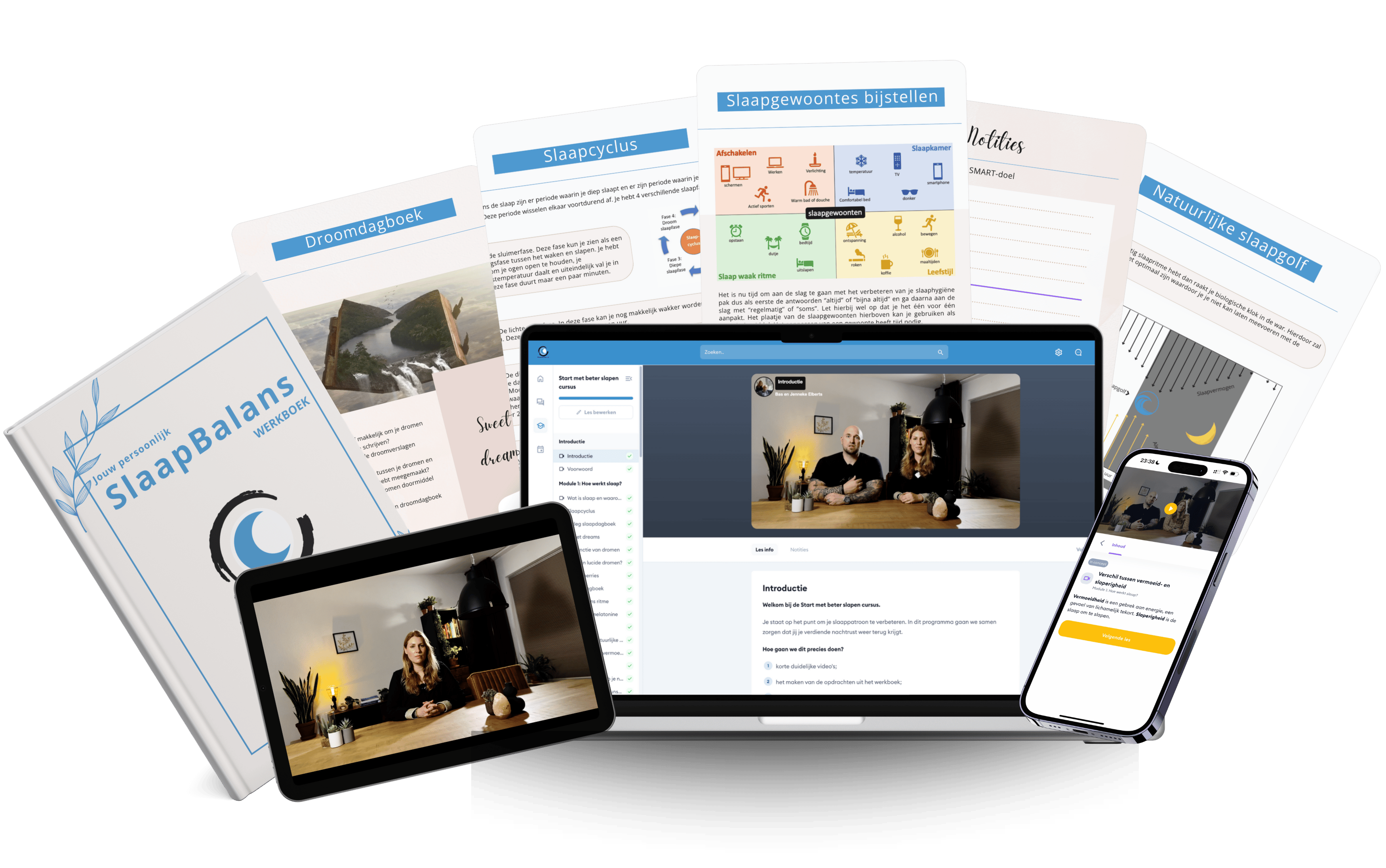 Mockup online cursus via telefoon, laptop en tablet inclusief werkboek