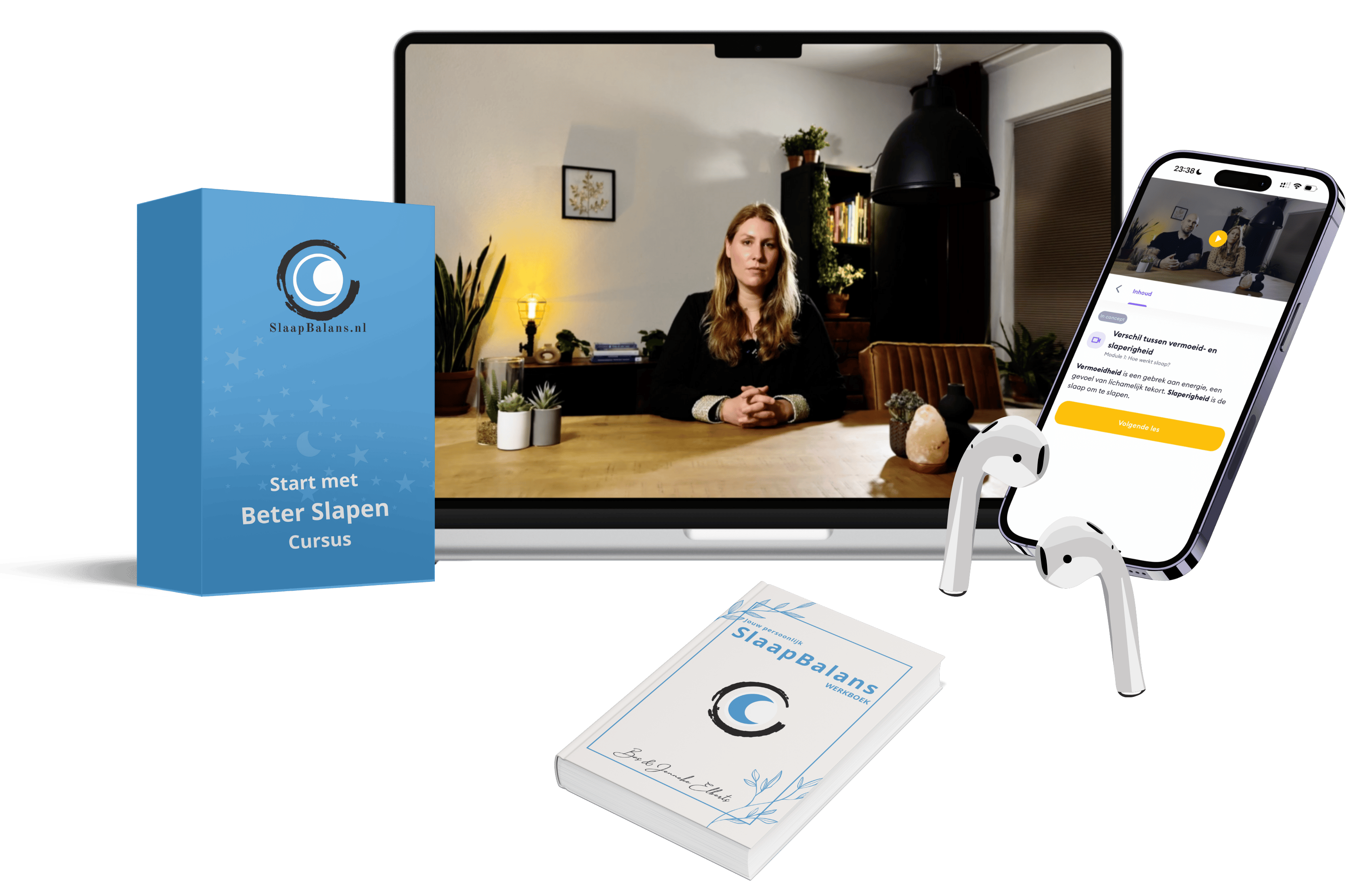 Mockup Start met beter slapen cursus via laptop en telefoon inclusief werkboek