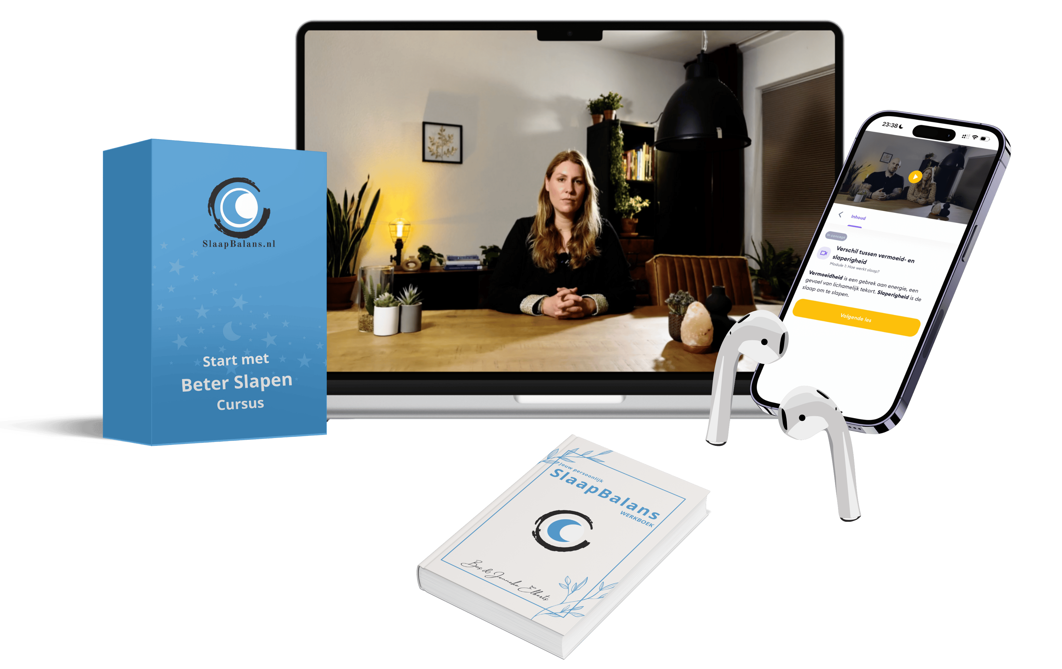 Mockup Start met beter slapen cursus via laptop en telefoon inclusief werkboek