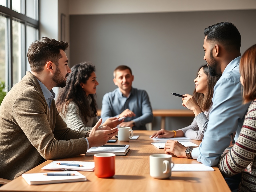 "warm classroom workshop" "diverse adults engaged in conversation exercises" "instructor guiding with gentle gestures" "notebooks, pens, coffee cups on table" "soft natural light, cozy modern interior"