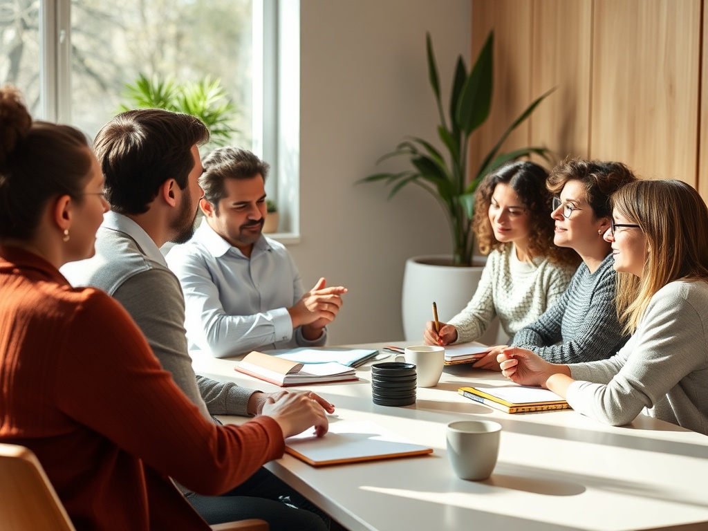 "warm classroom workshop" "diverse adults engaged in conversation exercises" "instructor guiding with gentle gestures" "notebooks, pens, coffee cups on table" "soft natural light, cozy modern interior"