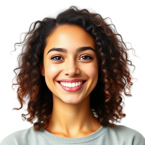 A smiling person with curly hair against a white background.