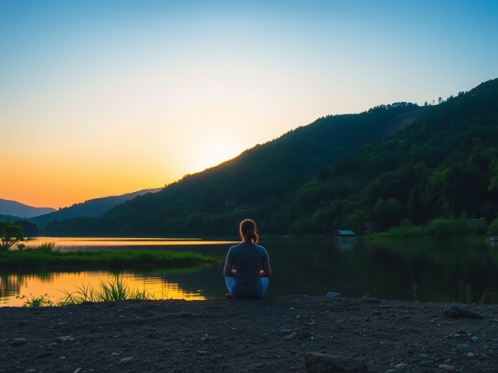 A person meditating by a serene lakeside at sunrise.